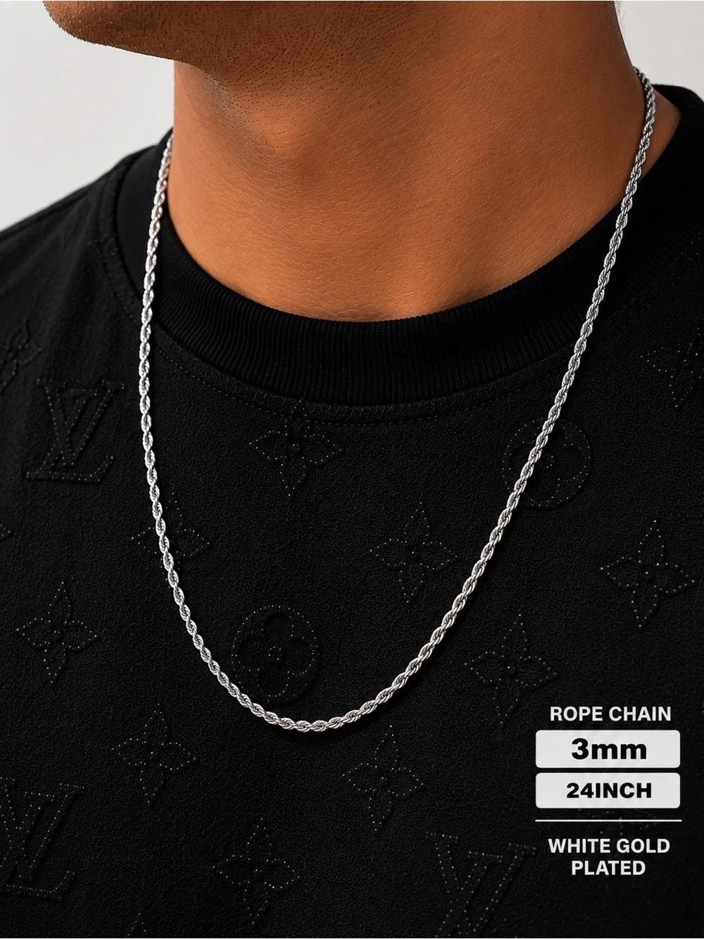 White Gold Plated 3mm Rope Chain Necklace - 24 Inch
